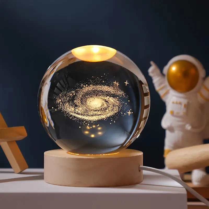 3d Galaxy Solar System Crystal Ball Night Light With Wooden Base