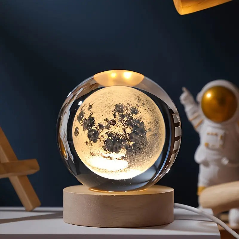 3d Galaxy Solar System Crystal Ball Night Light With Wooden Base