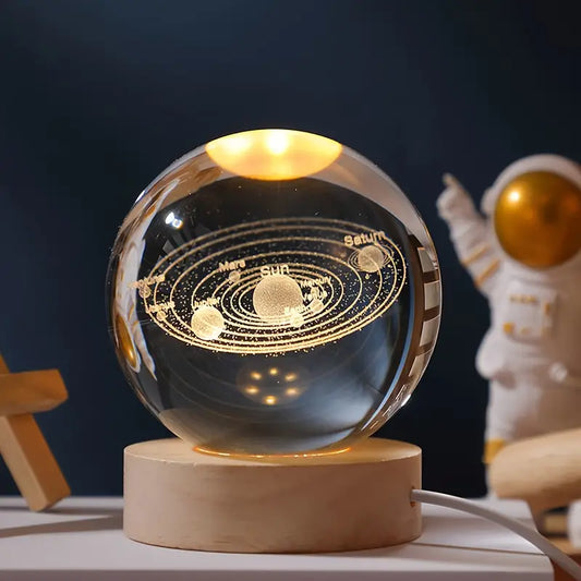 3d Galaxy Solar System Crystal Ball Night Light With Wooden Base