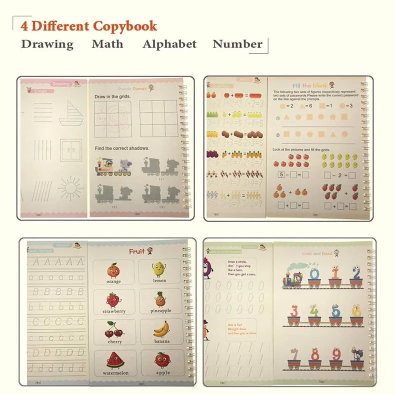 Pack Of 4 Pcs With 10 Refill Copybooks Pen Magic Copy Book Free Wiping Children’s Kid Writing Sticker Practice Copybook For Calligraphy