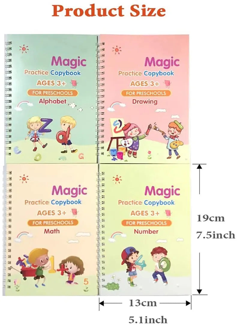 Pack Of 4 Pcs With 10 Refill Copybooks Pen Magic Copy Book Free Wiping Children’s Kid Writing Sticker Practice Copybook For Calligraphy