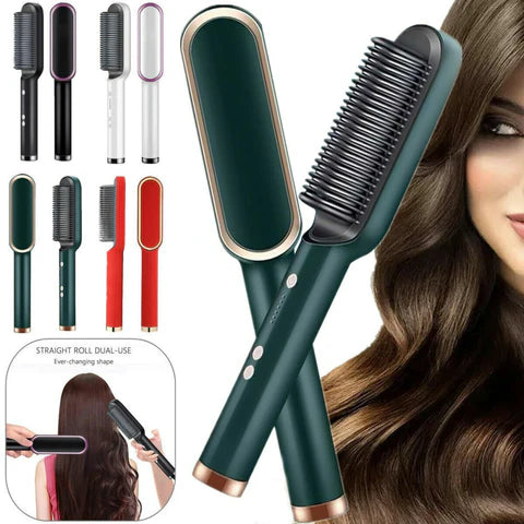 Hair Straightener Iron Brush Straight Hair Comb 2-in-1 Hair Straightener Curling Professional Styling Brush Hair Curler & Straightener For Women