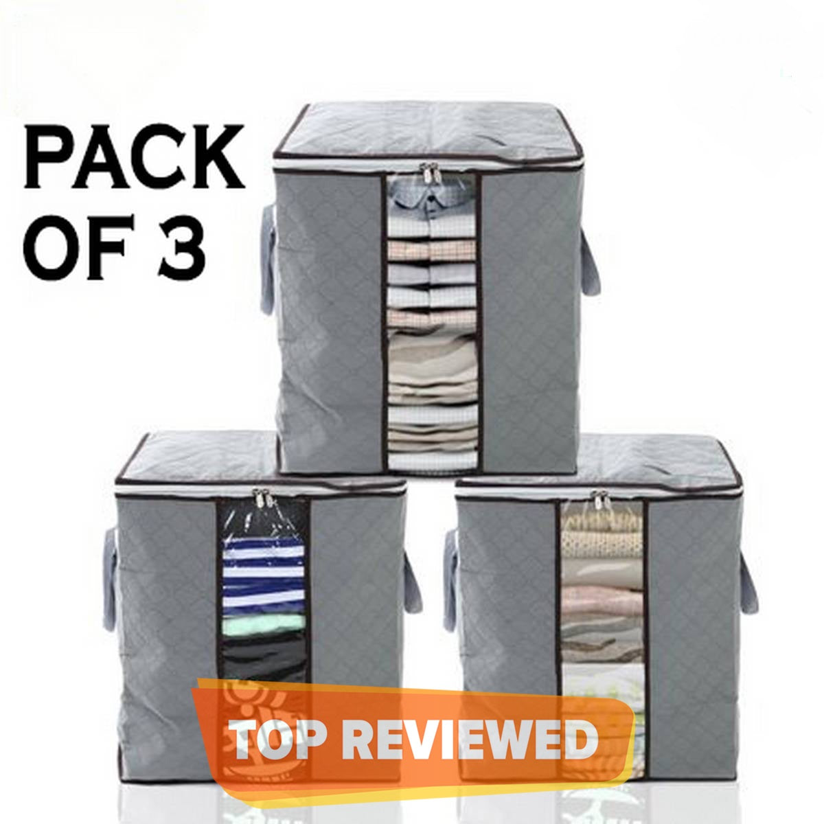 Pack of 3 - Premium Improved Quality LARGE Storage Bags Organizers Portable | Clothes Blanket Large Folding Bag non woven Storage Boxes | DOUBLE ZIPPER Clothes Organizer